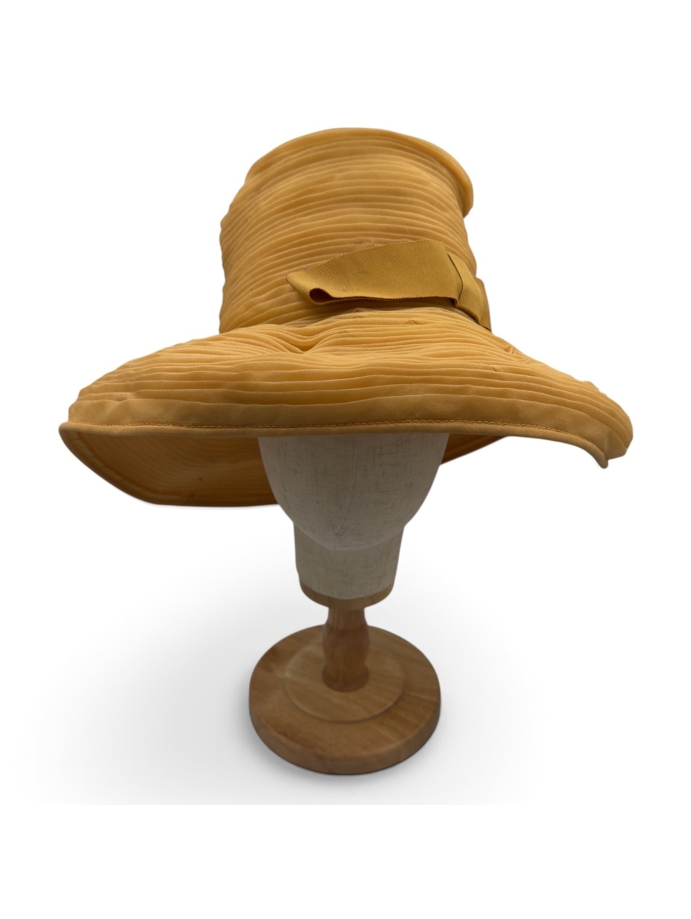 Vintage 1960s Elegant Wide Brim Pleated Mustard Yellow Hat with Bow Accent